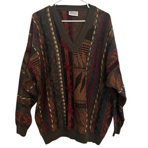 Vintage Monello Italy Coogi Style V-Neck Sweater Colorful 3D Knit‎ Wool Blend